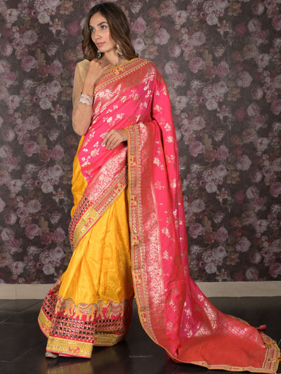 Odette Pink Silk Blend Embroidered Woven Saree with Unstitched Blouse for Women