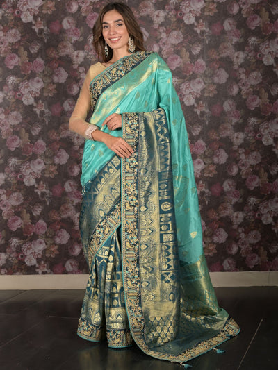 Odette Teal Embroidered Silk Blend Saree with Unstitched Blouse for Women