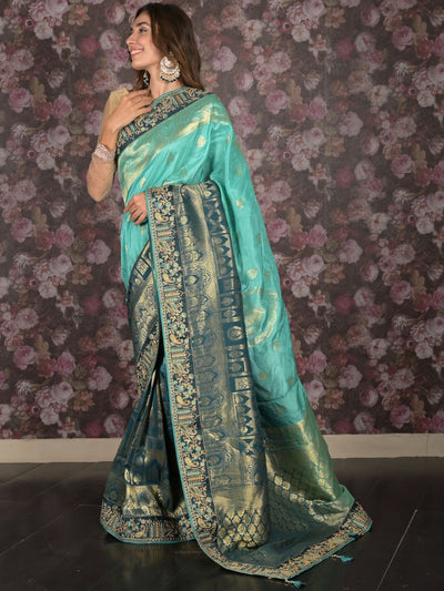 Odette Teal Embroidered Silk Blend Saree with Unstitched Blouse for Women