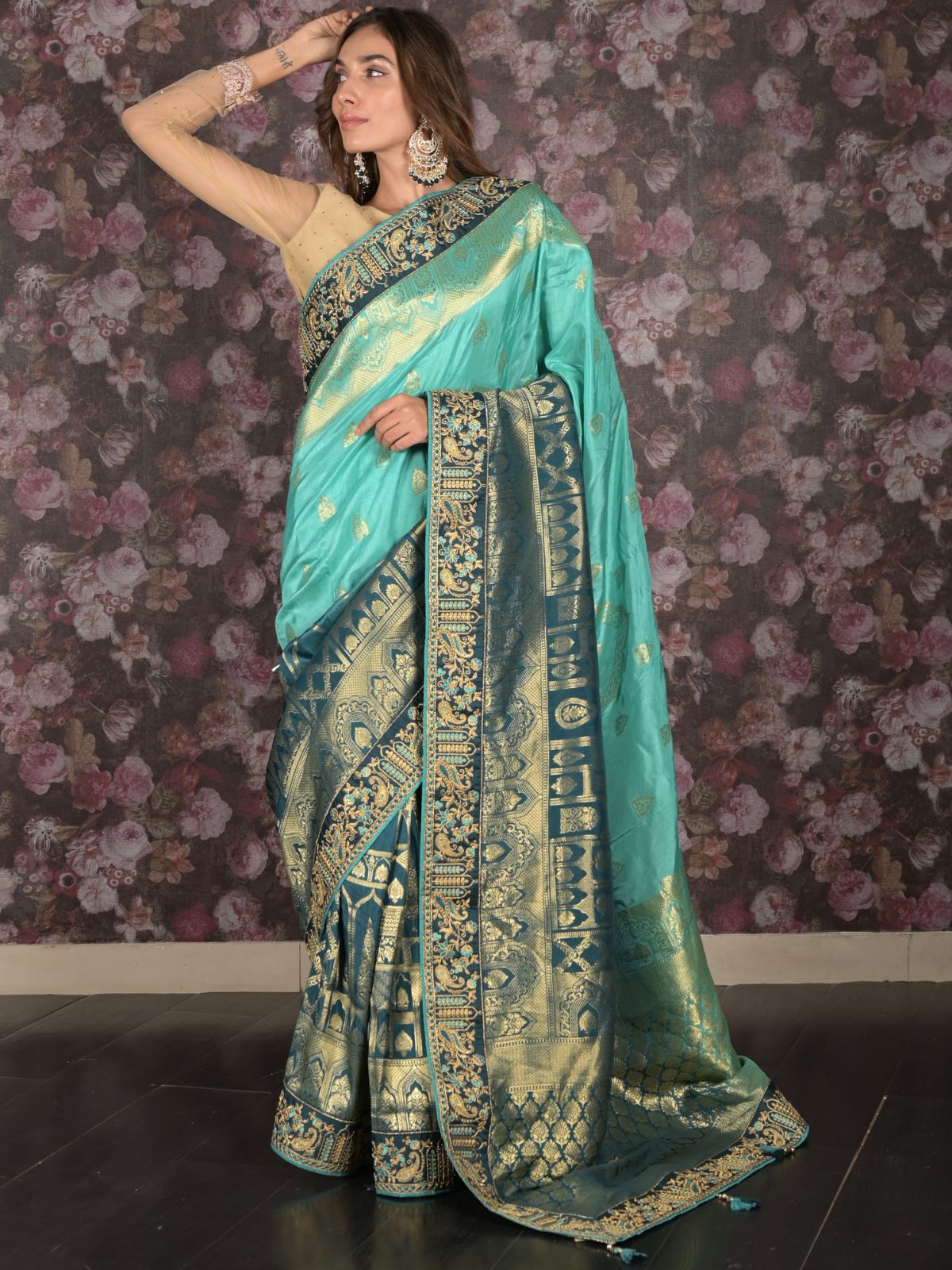 Odette Teal Embroidered Silk Blend Saree with Unstitched Blouse for Women