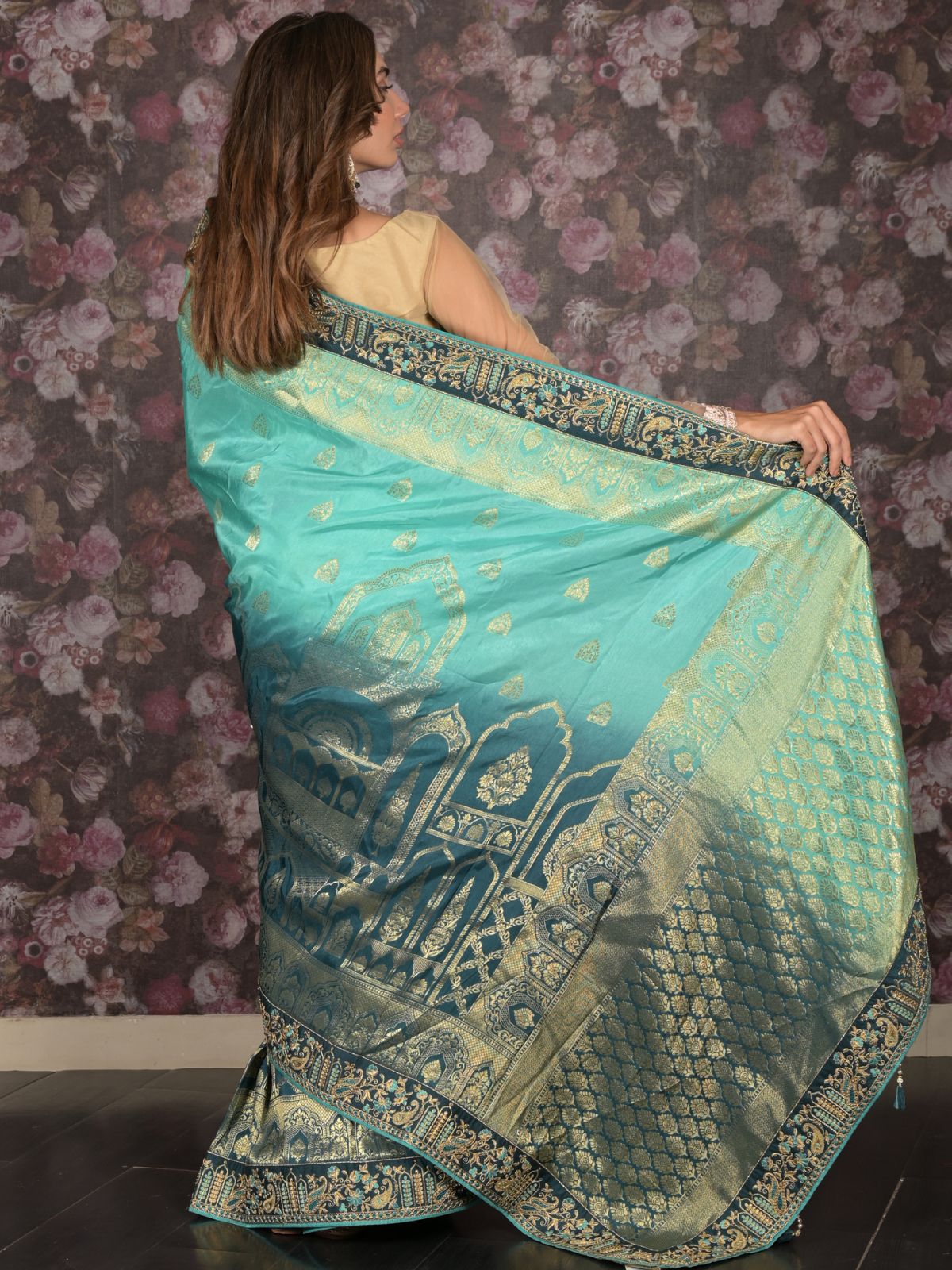 Odette Teal Embroidered Silk Blend Saree with Unstitched Blouse for Women