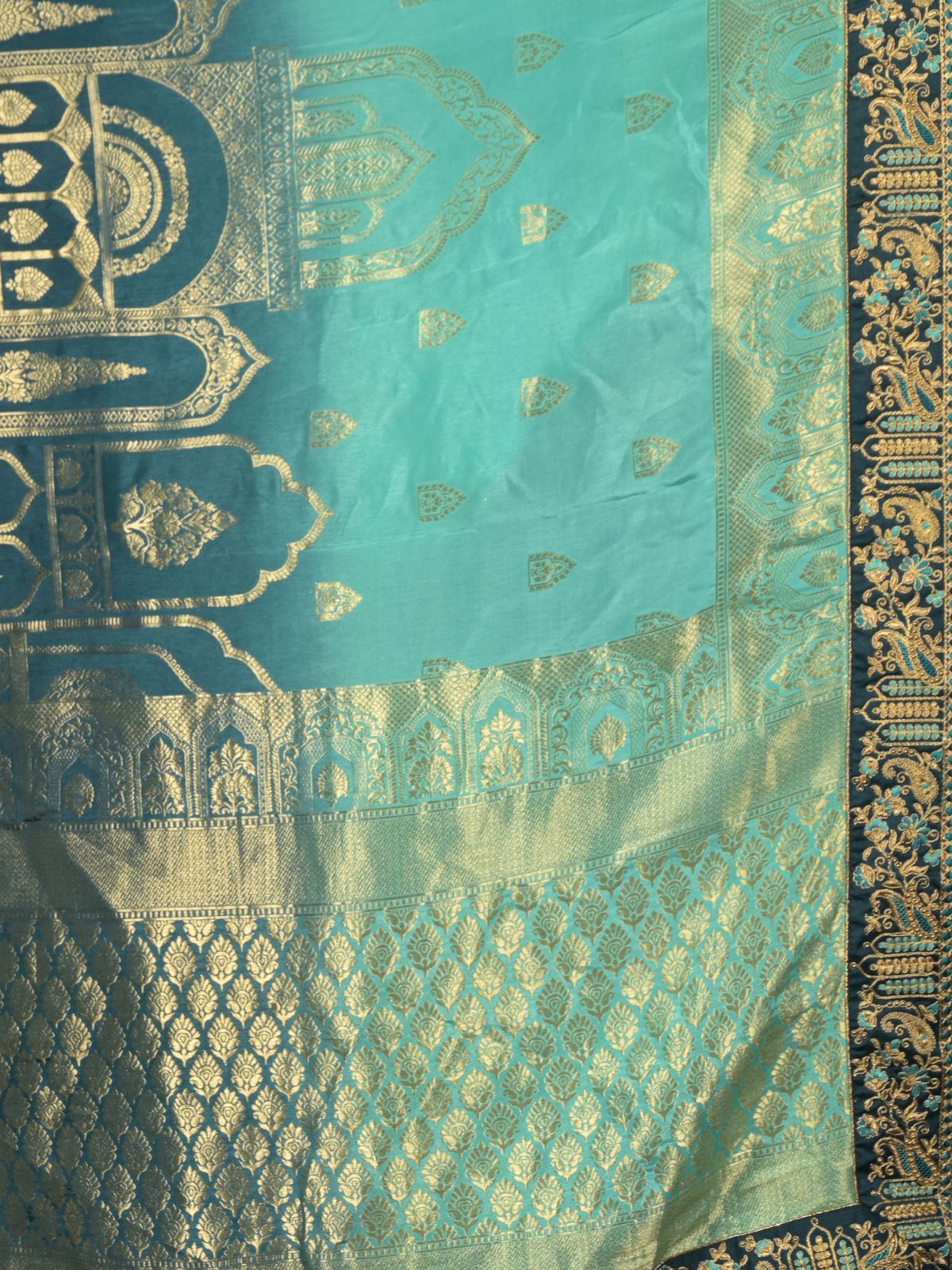 Odette Teal Embroidered Silk Blend Saree with Unstitched Blouse for Women