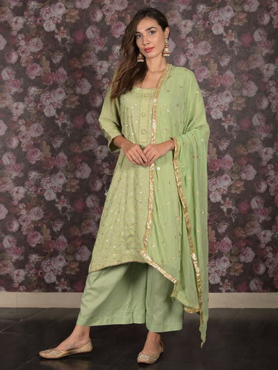 Odette Light Green Sequins Embroidered Cotton Stitched Kurta Set for Women