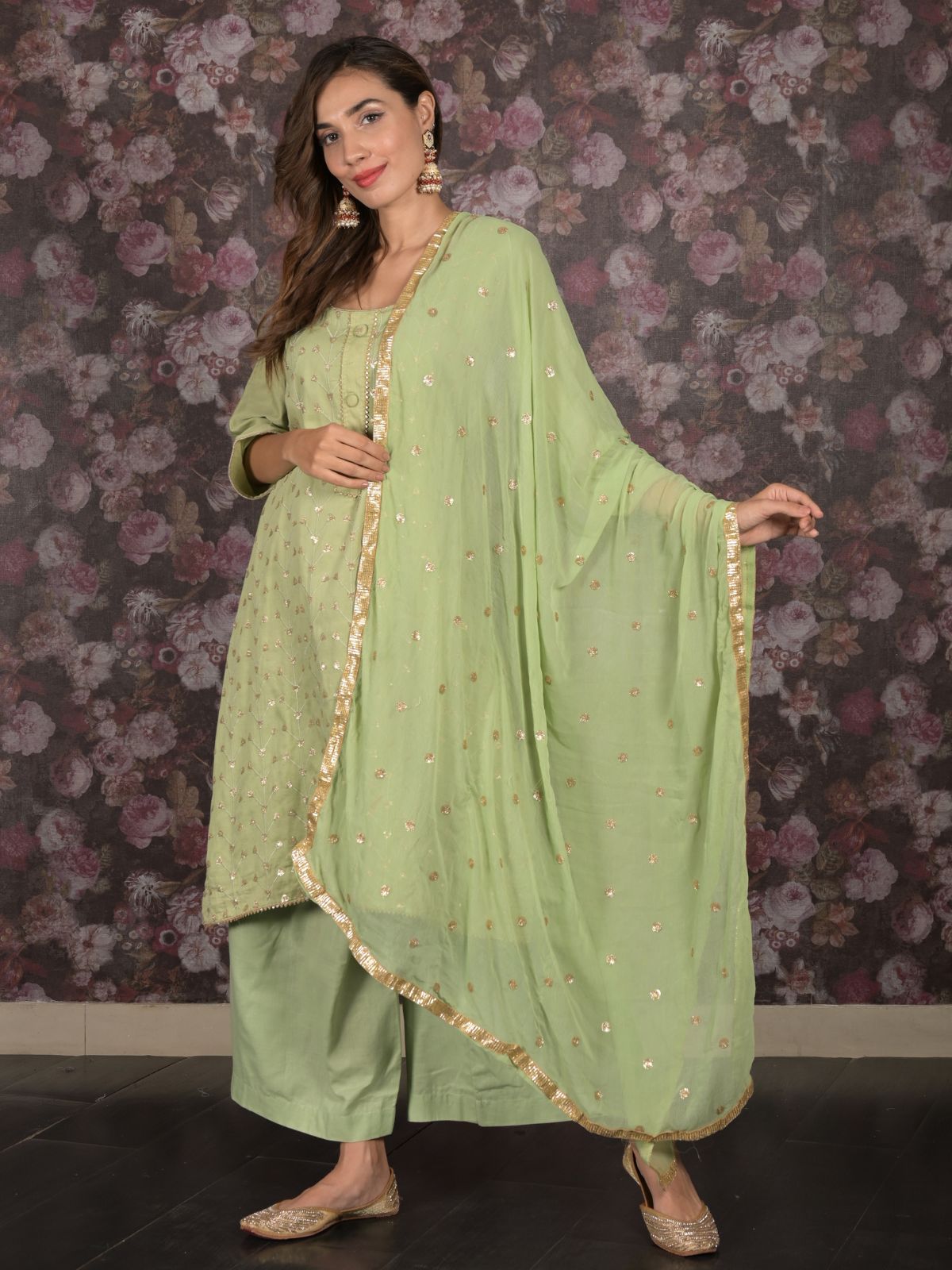 Odette Light Green Sequins Embroidered Cotton Stitched Kurta Set for Women