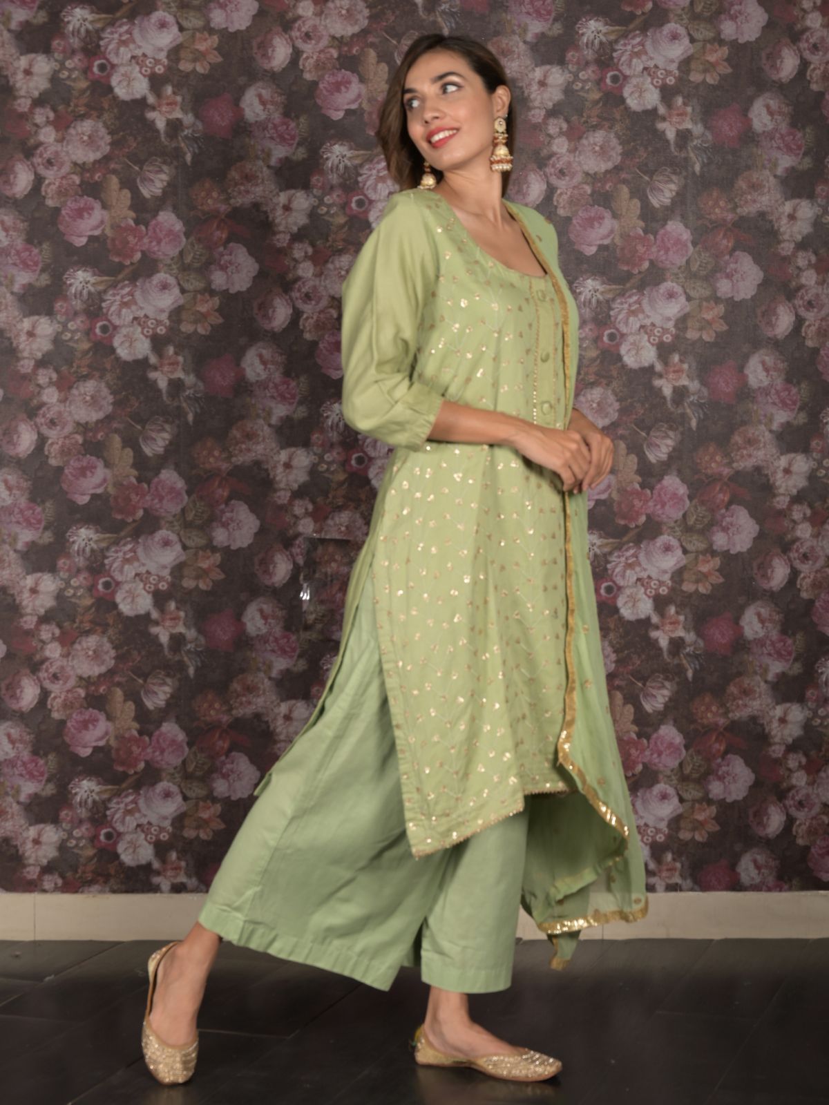 Odette Light Green Sequins Embroidered Cotton Stitched Kurta Set for Women