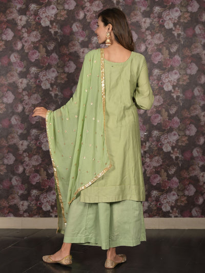 Odette Light Green Sequins Embroidered Cotton Stitched Kurta Set for Women