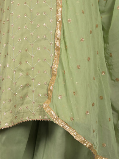 Odette Light Green Sequins Embroidered Cotton Stitched Kurta Set for Women