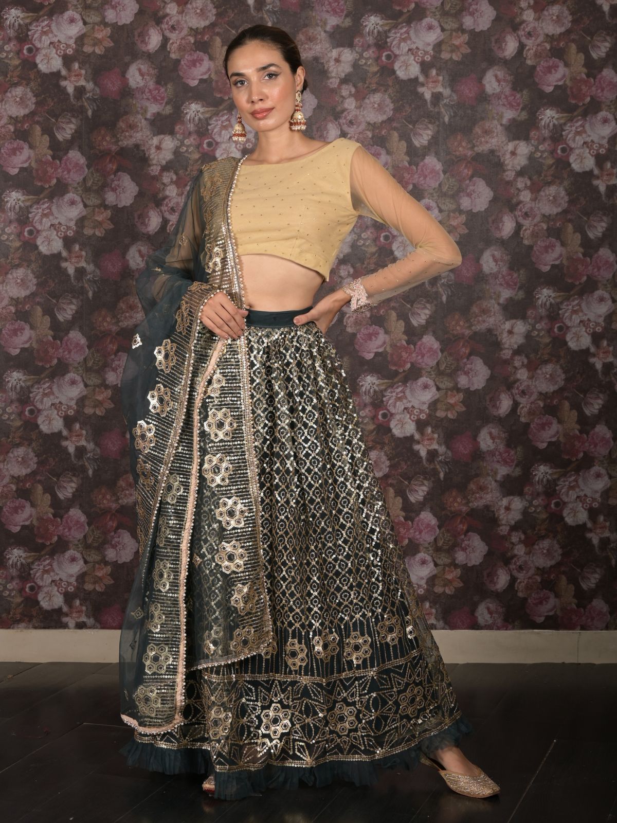 Odette Dark Green Semi Stitched Sequins Embroidered Net Lehenga with Unstitched Blouse And Dupatta For Women