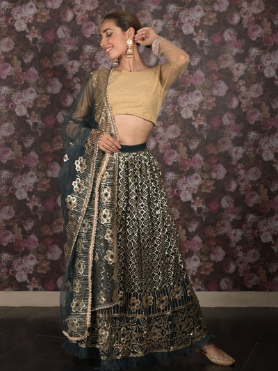 Odette Dark Green Semi Stitched Sequins Embroidered Net Lehenga with Unstitched Blouse And Dupatta For Women