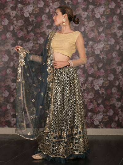 Odette Dark Green Semi Stitched Sequins Embroidered Net Lehenga with Unstitched Blouse And Dupatta For Women