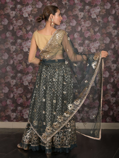 Odette Dark Green Semi Stitched Sequins Embroidered Net Lehenga with Unstitched Blouse And Dupatta For Women