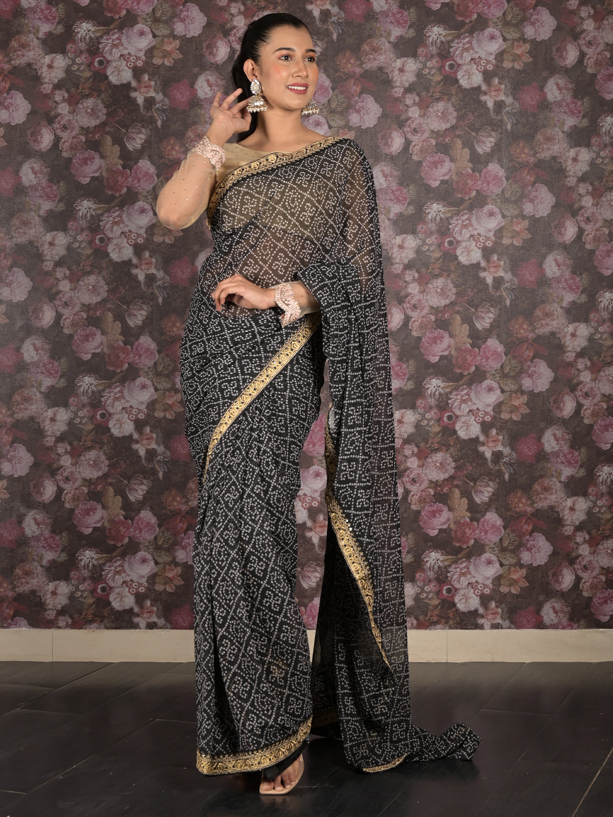 Odette Black Bandhani Printed Embroidered Saree with Unstitched Blouse for Women