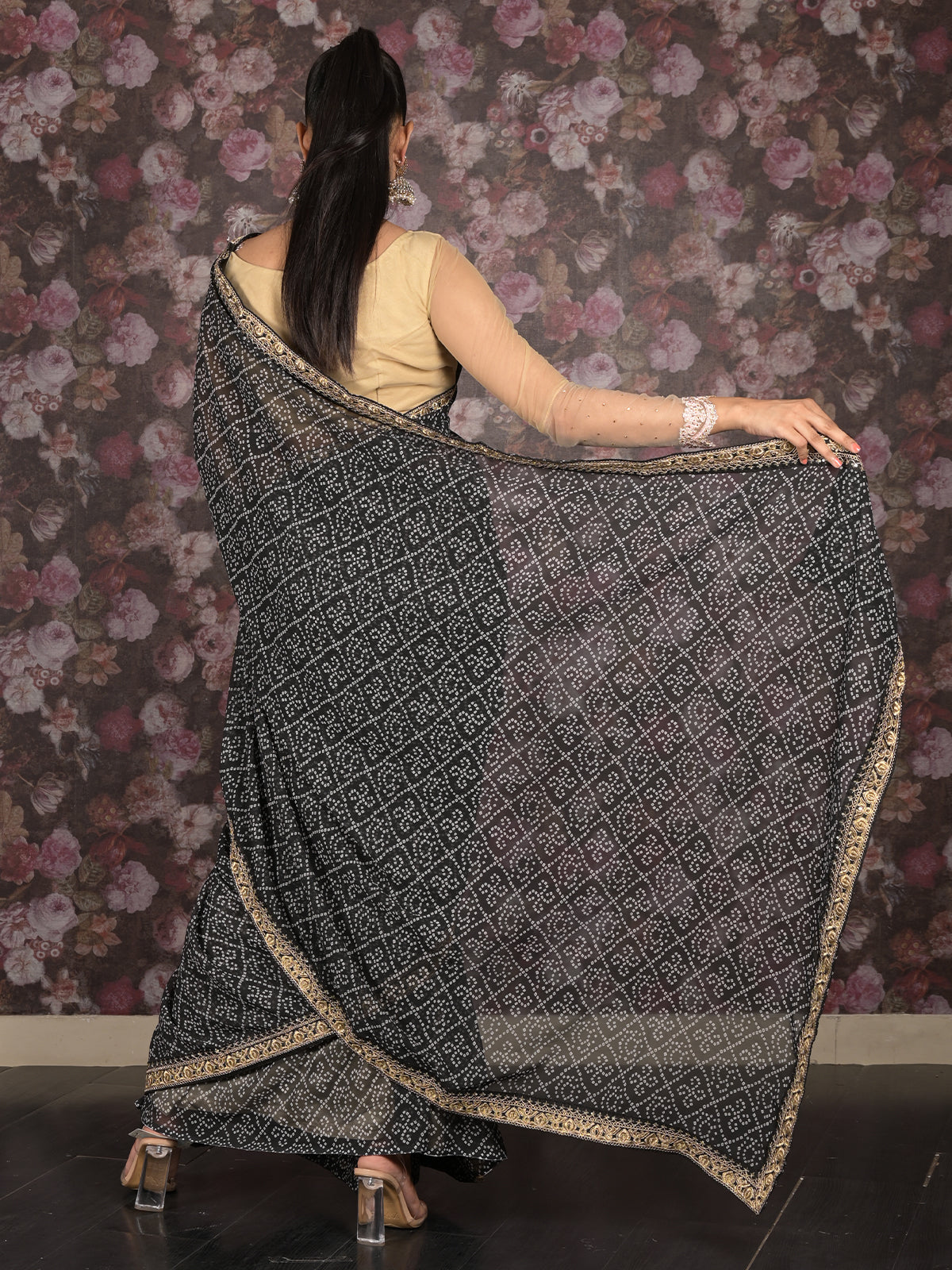 Odette Black Bandhani Printed Embroidered Saree with Unstitched Blouse for Women