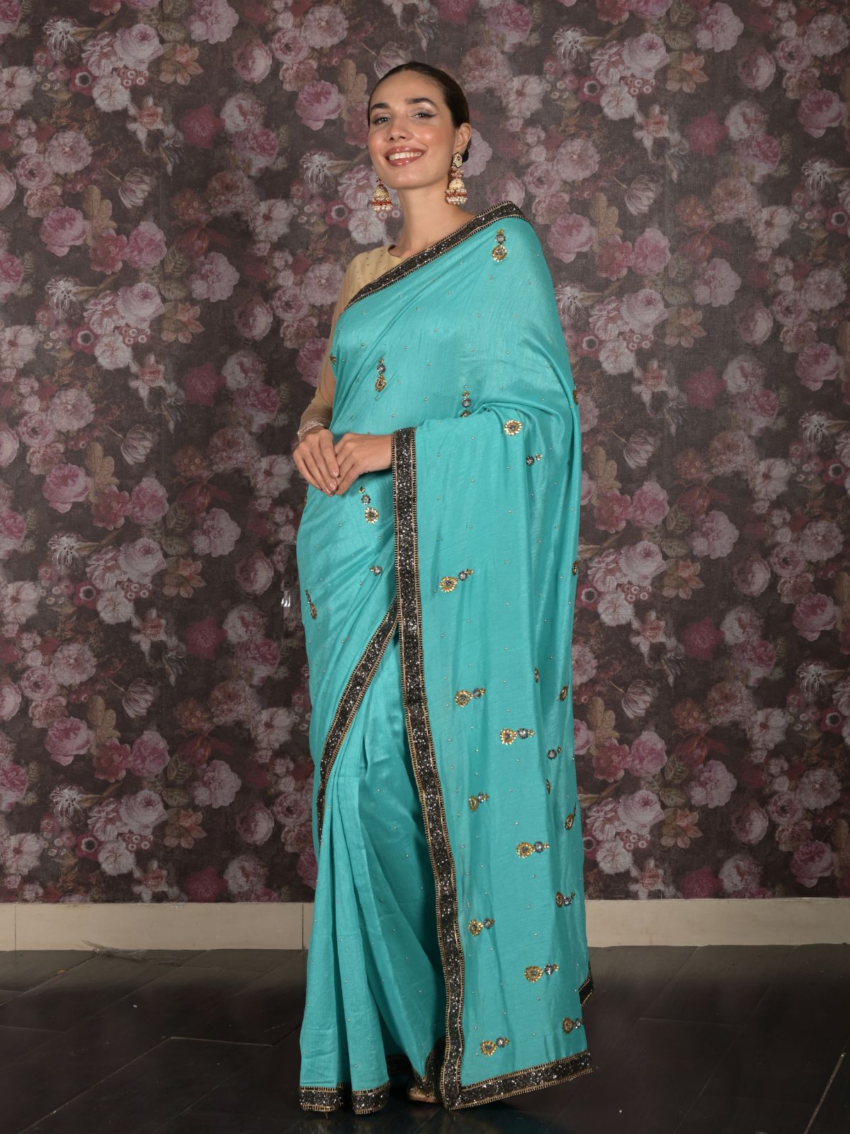 Odette Sea Green Embellished Tissue Silk Saree with Unstitched Blouse for Women