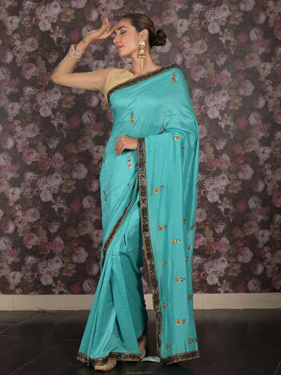 Odette Sea Green Embellished Tissue Silk Saree with Unstitched Blouse for Women