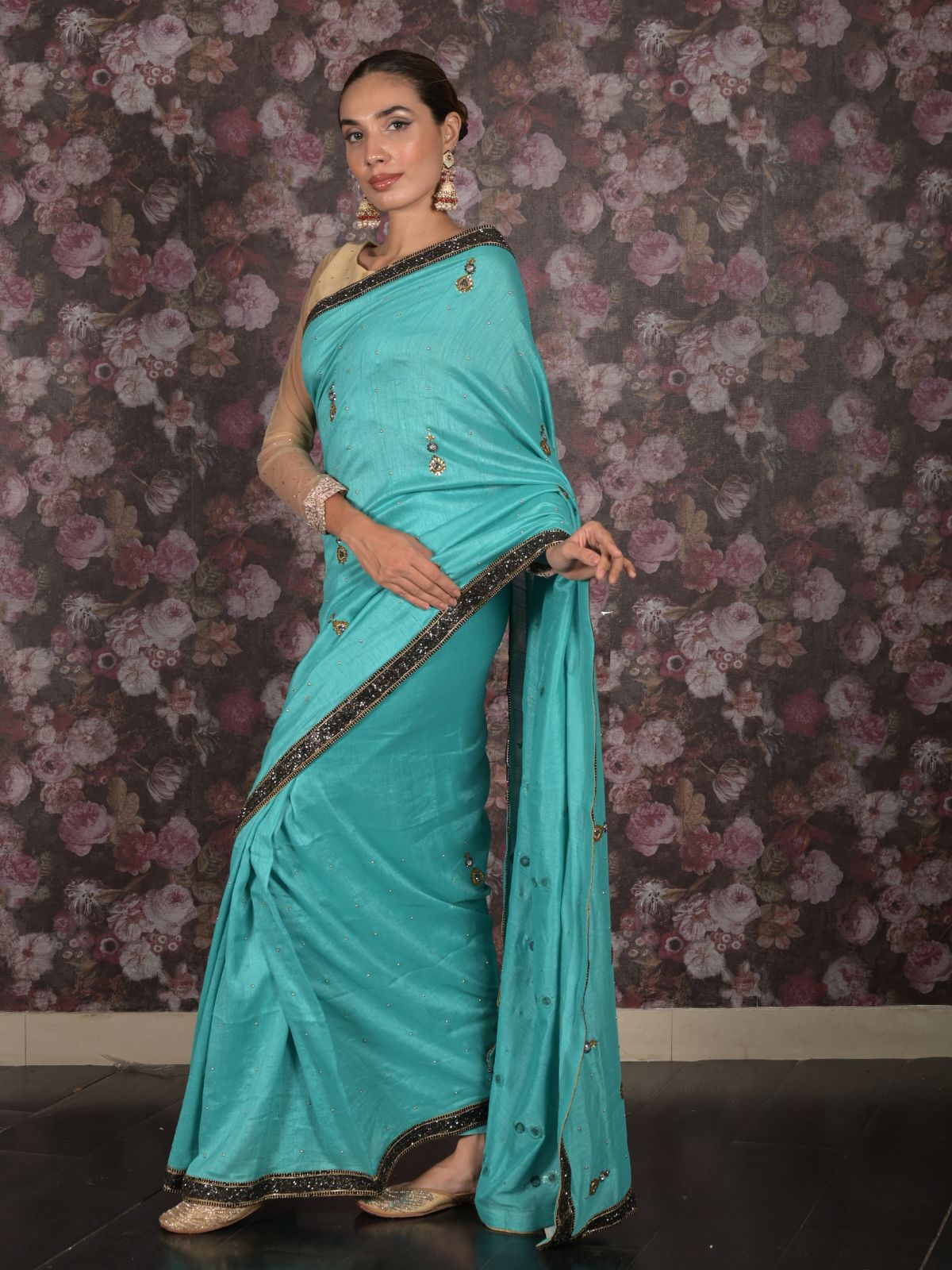 Odette Sea Green Embellished Tissue Silk Saree with Unstitched Blouse for Women