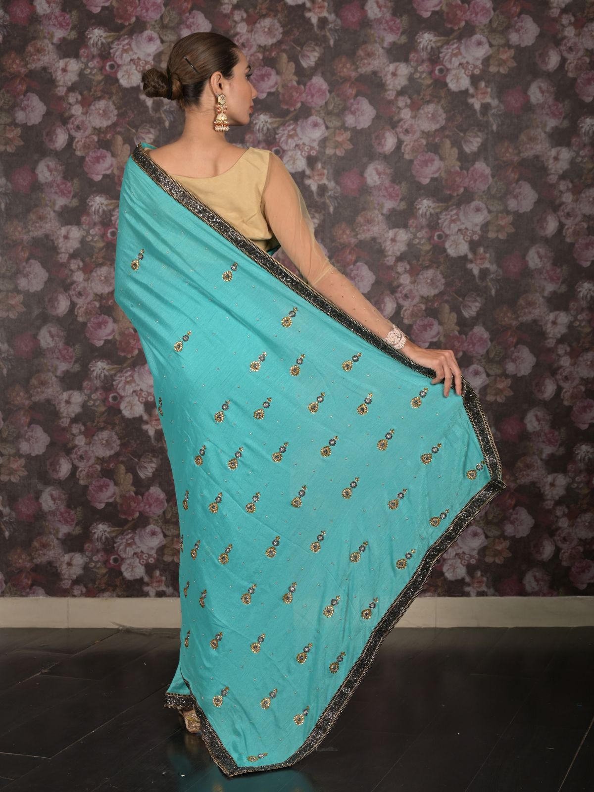 Odette Sea Green Embellished Tissue Silk Saree with Unstitched Blouse for Women