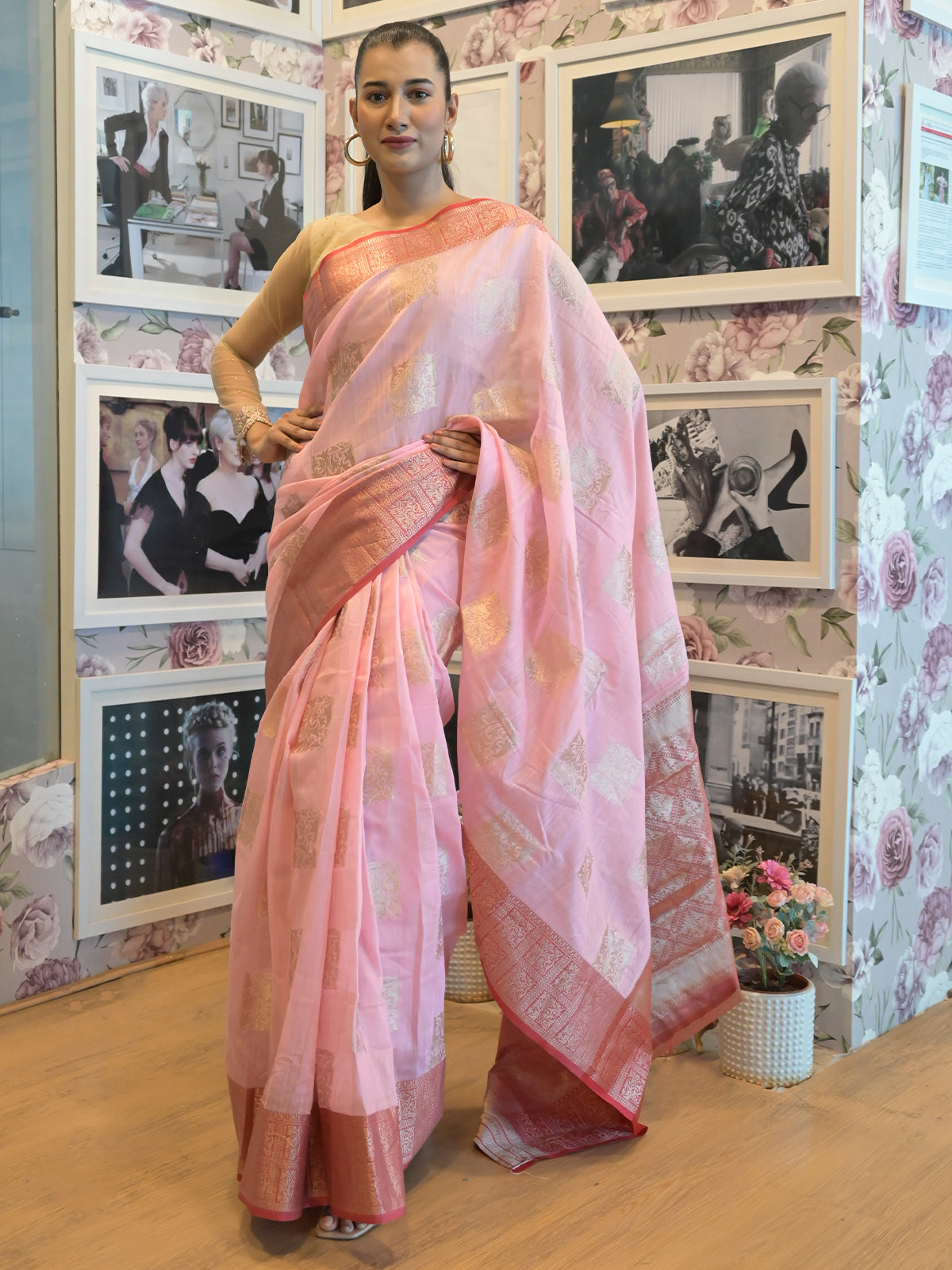 Odette Pink Cotton Blend Woven Saree with Unstitched Blouse for Women