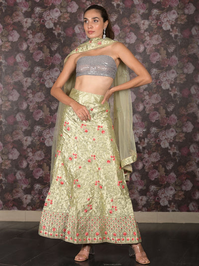 Odette Light Green Embroidered Semi Stitched Lehenga with Unstitched Blouse And Dupatta For Women