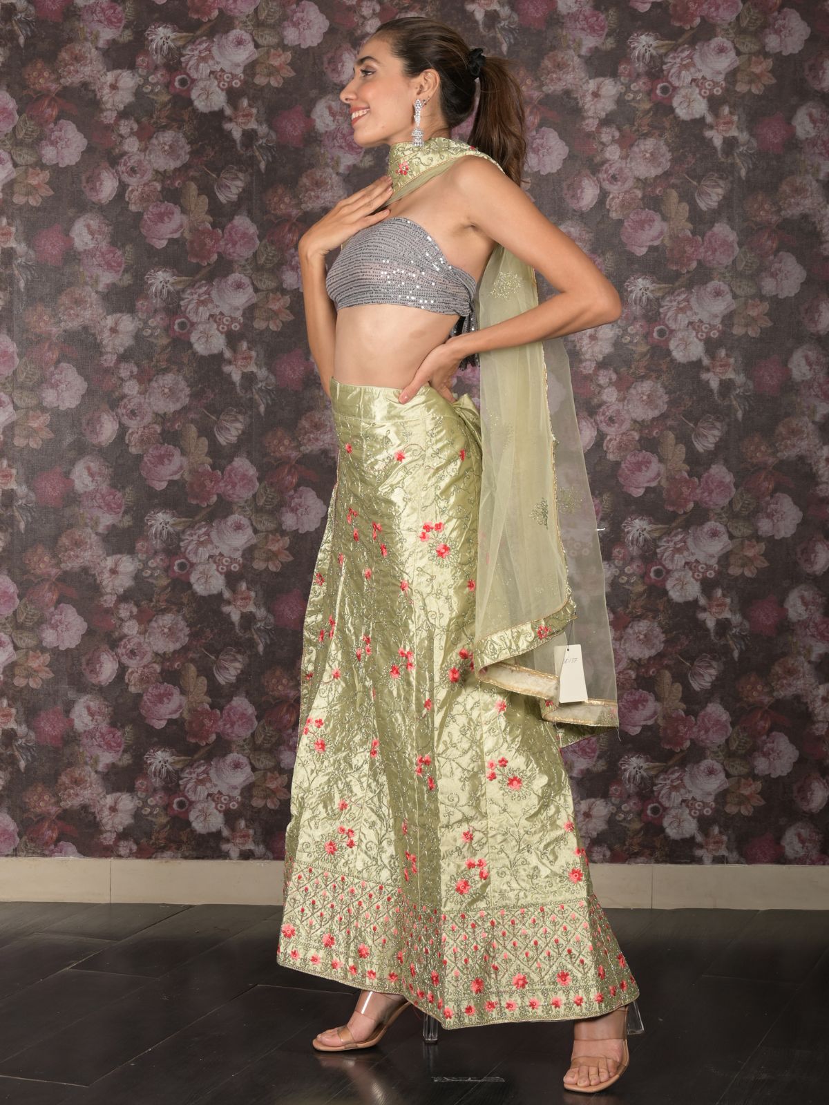 Odette Light Green Embroidered Semi Stitched Lehenga with Unstitched Blouse And Dupatta For Women