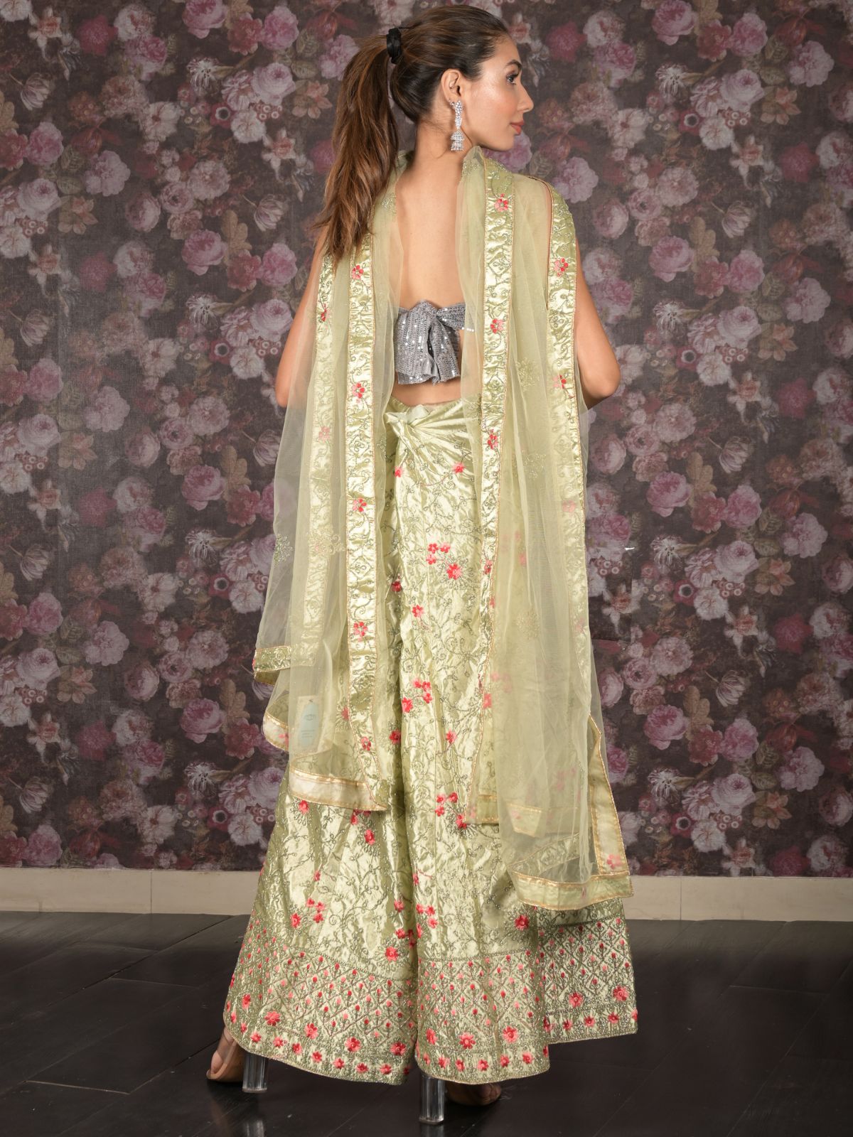 Odette Light Green Embroidered Semi Stitched Lehenga with Unstitched Blouse And Dupatta For Women