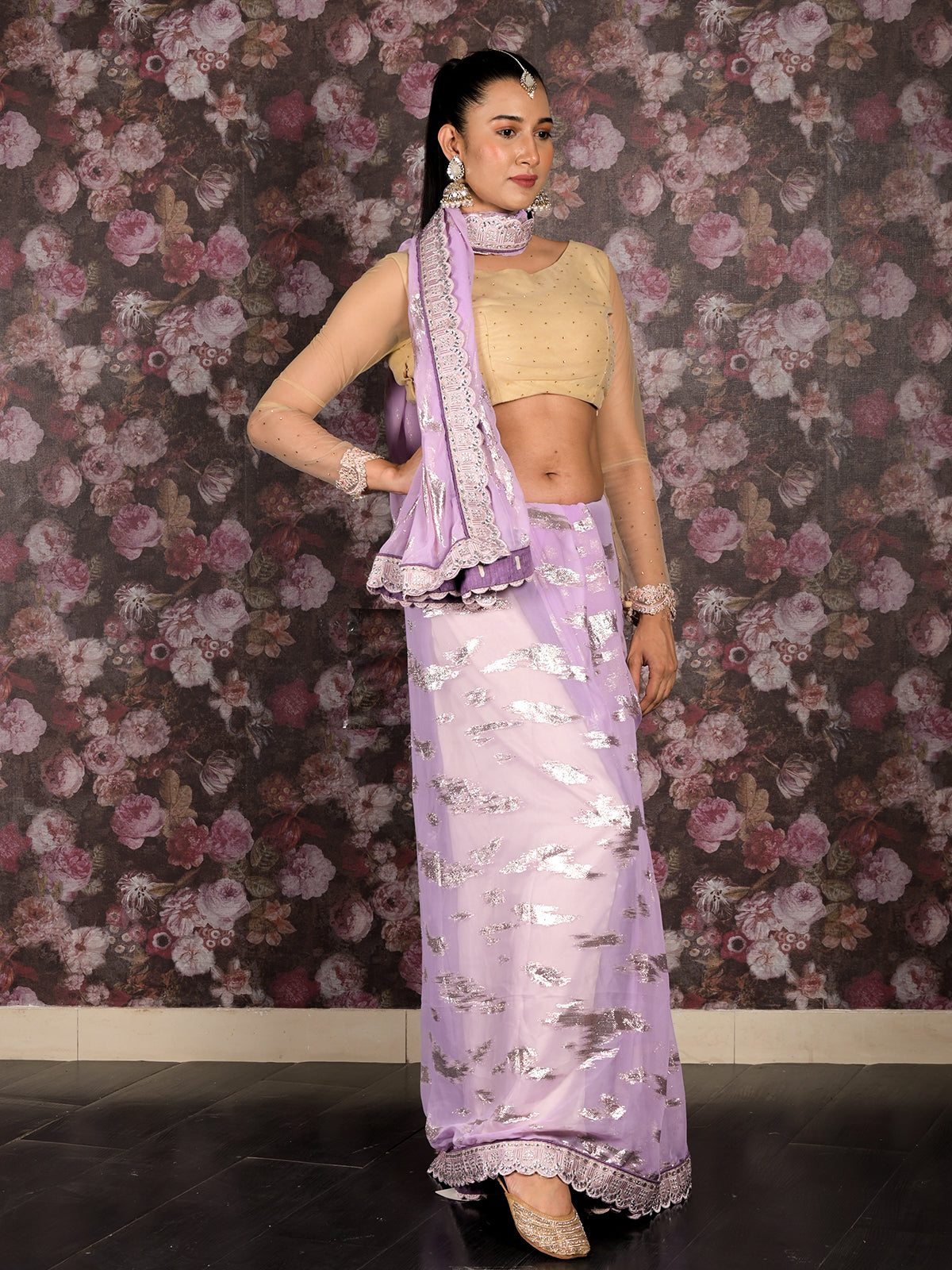 Odette Lavendar Georgette Saree With Unstitched Blouse For Women