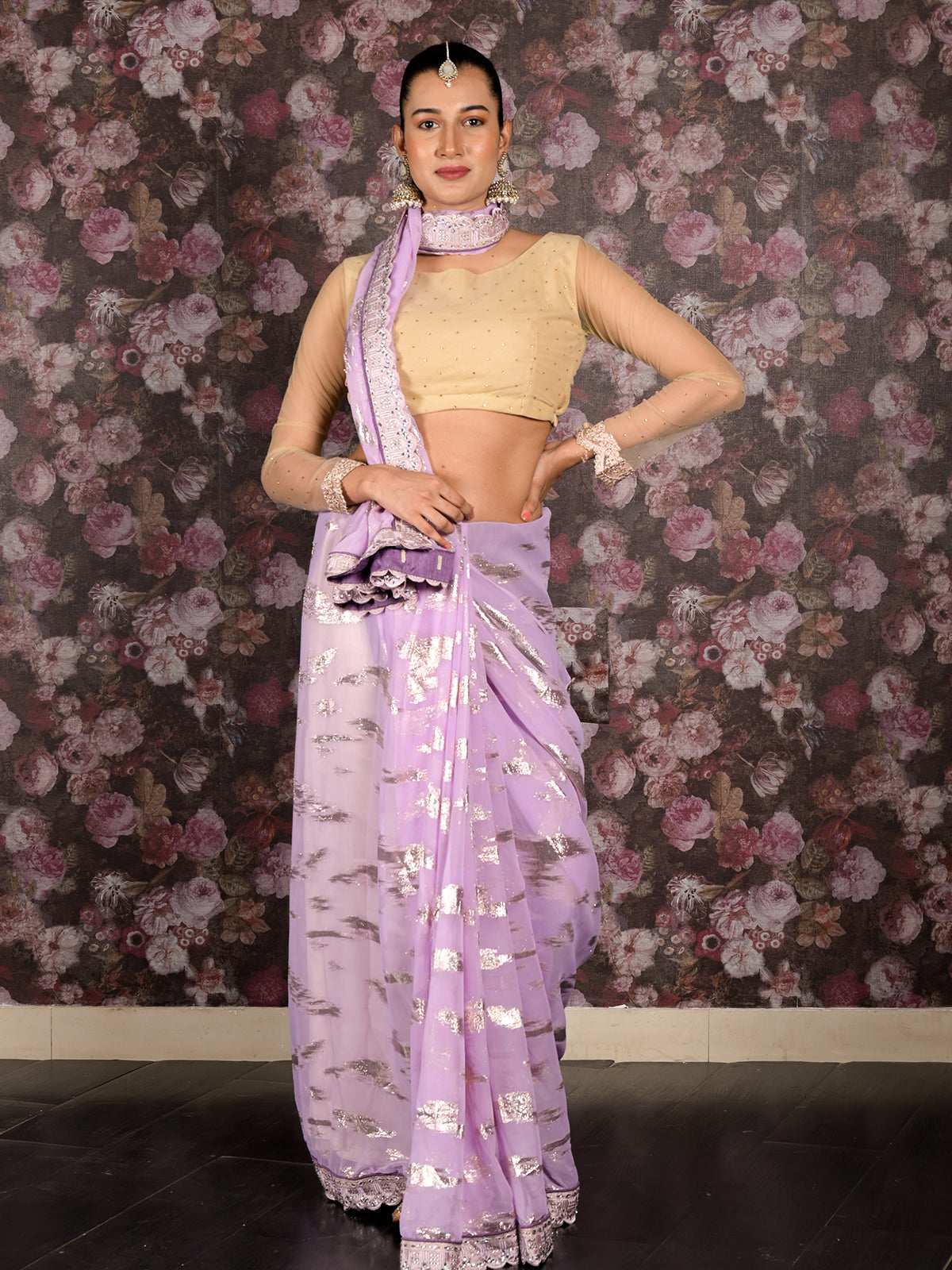 Odette Lavendar Georgette Saree With Unstitched Blouse For Women