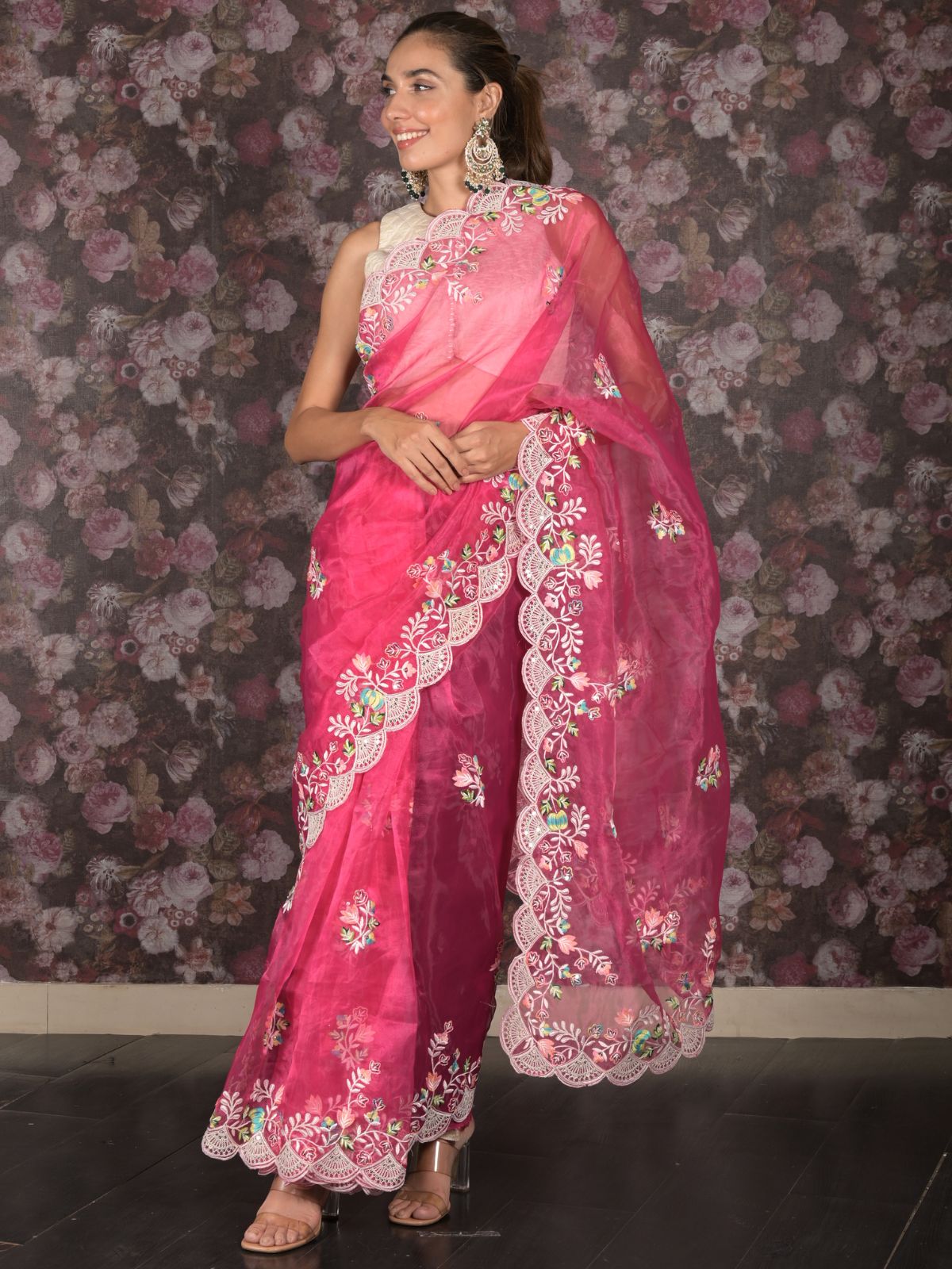 Odette Magenta Embroidered Organza Saree for Women