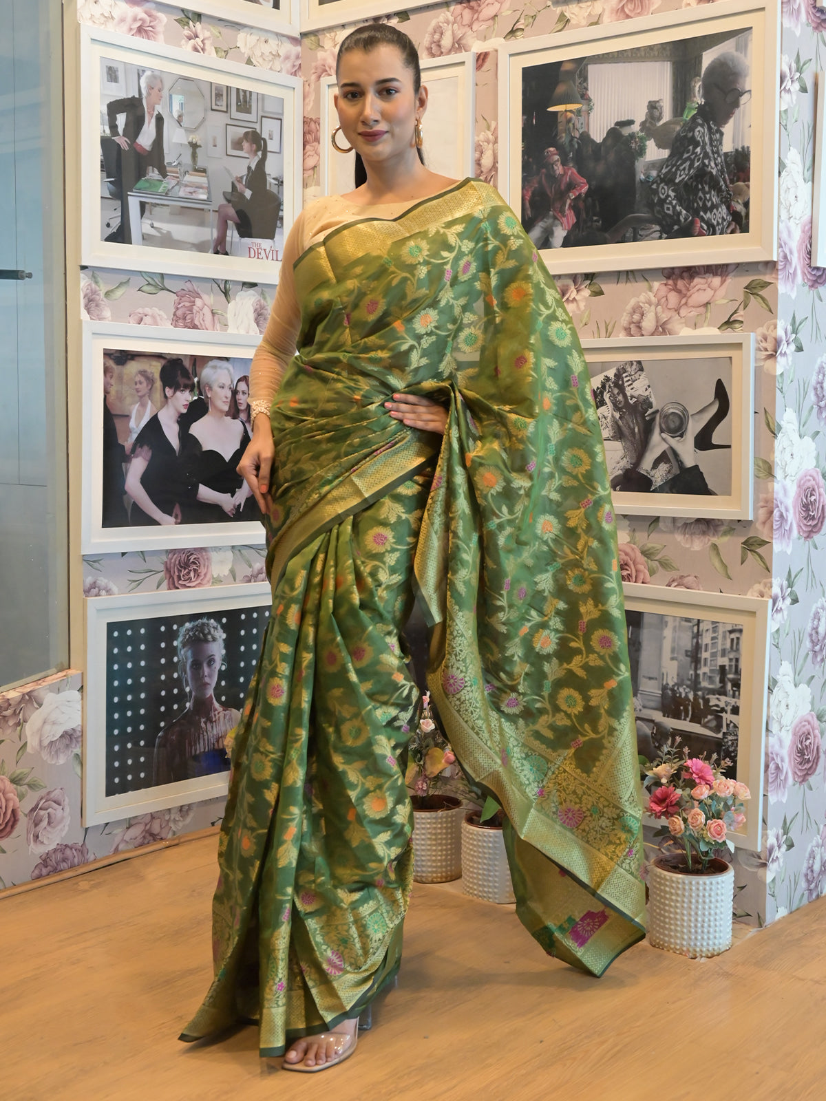 Odette Green Silk Blend Woven Saree with Unstitched Blouse for Women