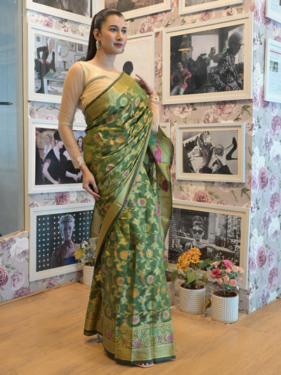 Odette Green Silk Blend Woven Saree with Unstitched Blouse for Women