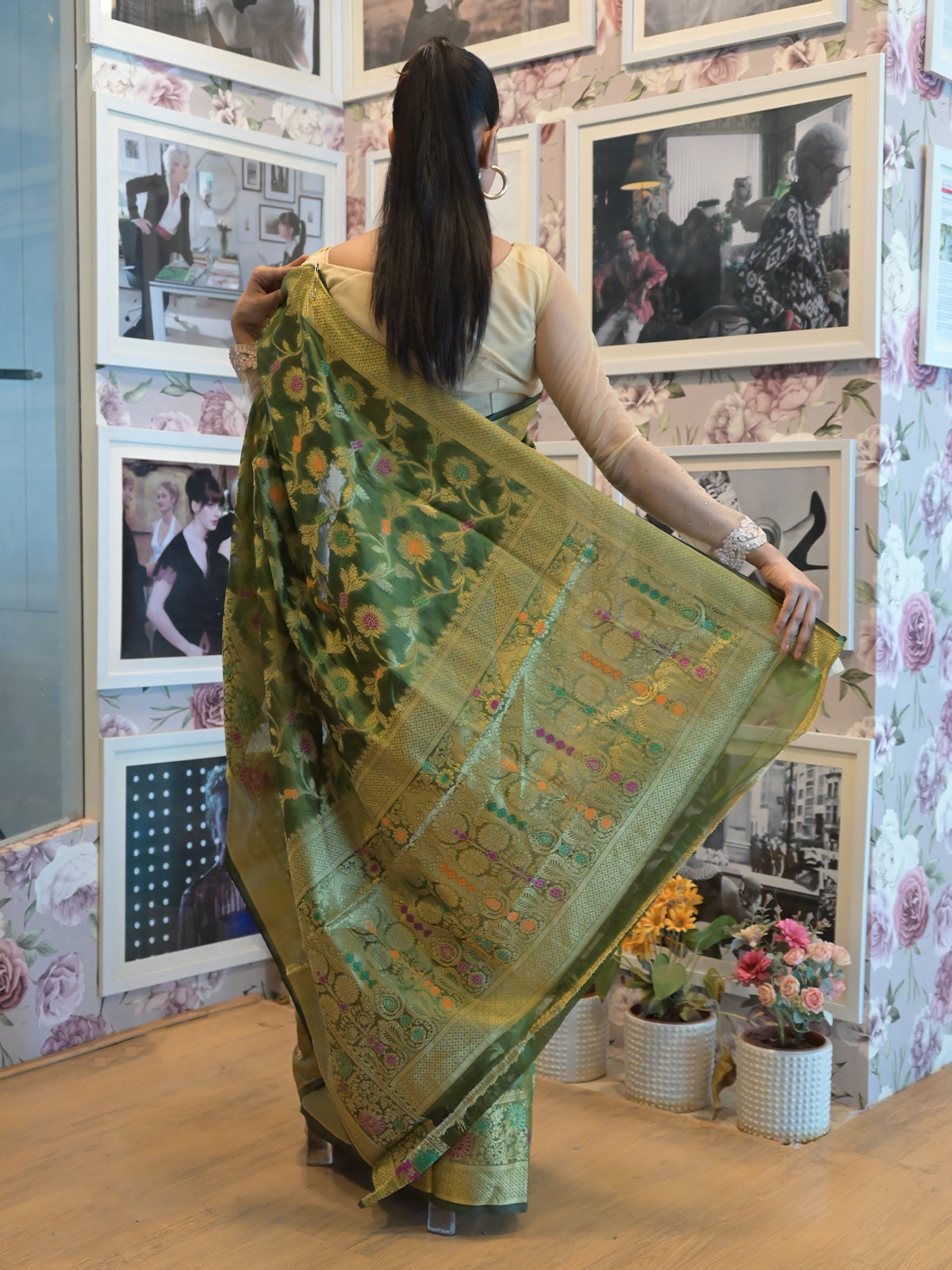 Odette Green Silk Blend Woven Saree with Unstitched Blouse for Women