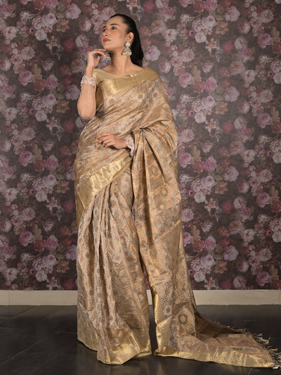 Odette Grey And Gold Woven Cotton Blend Saree With Unstitched Blouse For Women