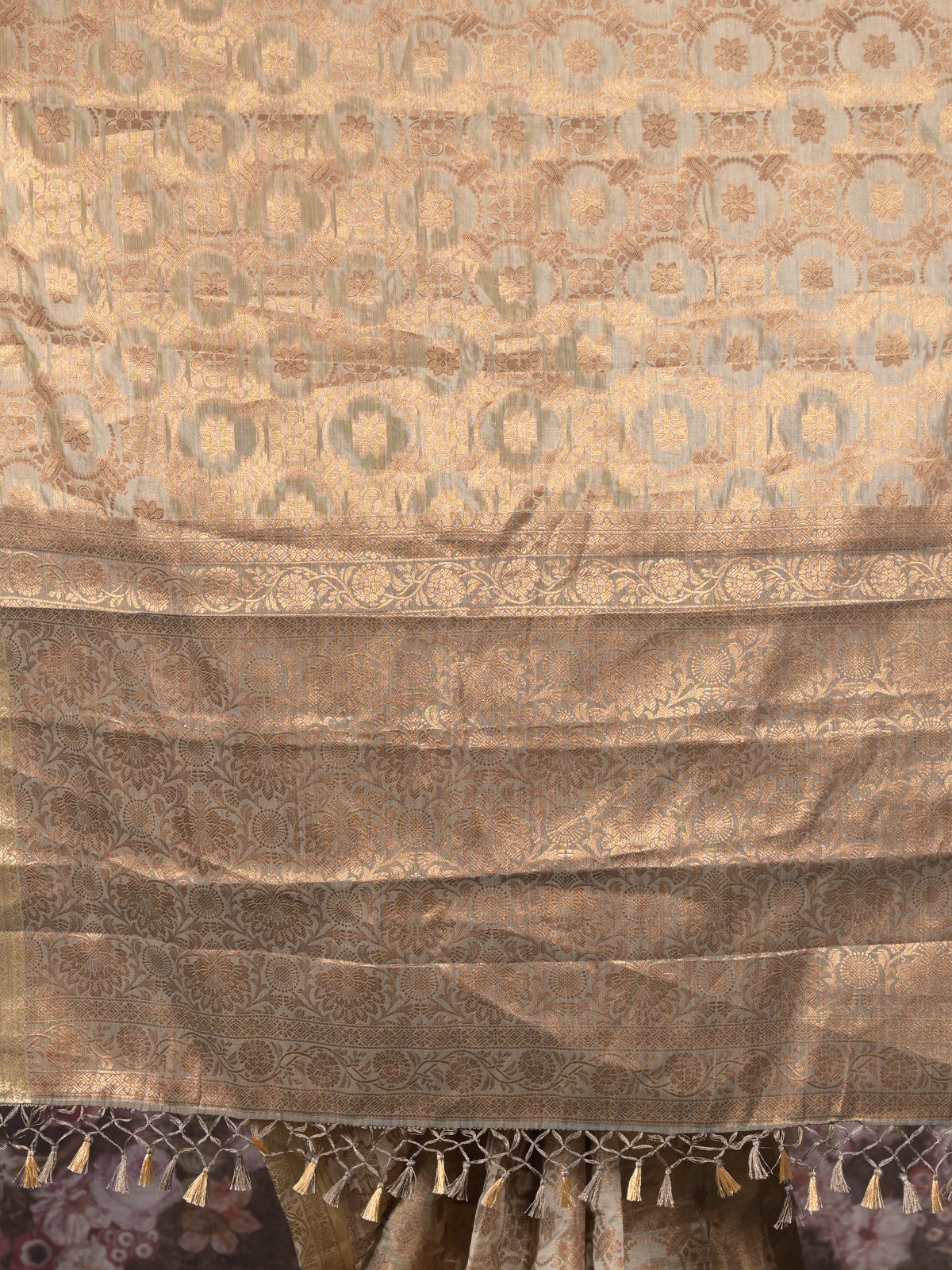 Odette Grey And Gold Woven Cotton Blend Saree With Unstitched Blouse For Women