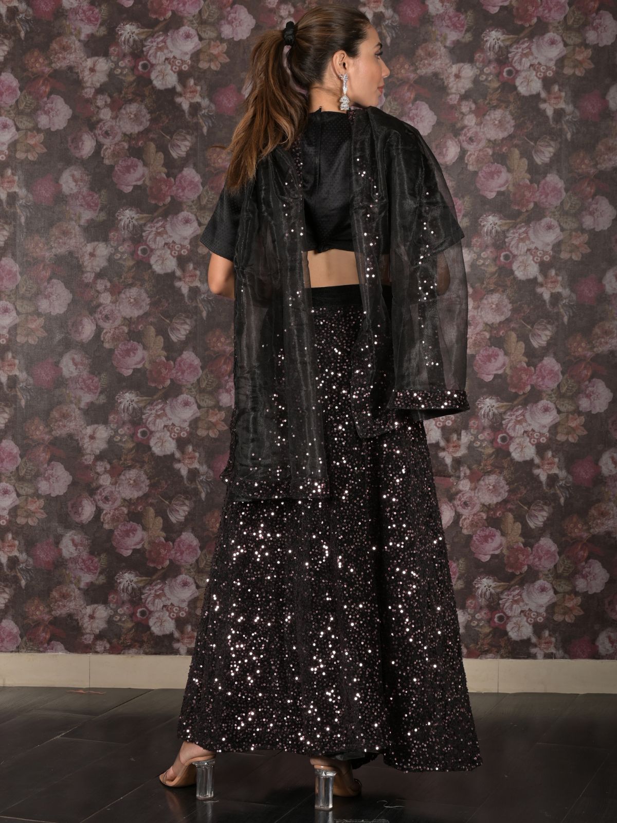 Odette Black Full Sequins Embroidered Stitched Velvet Lehenga with Unstitched Blouse for Women