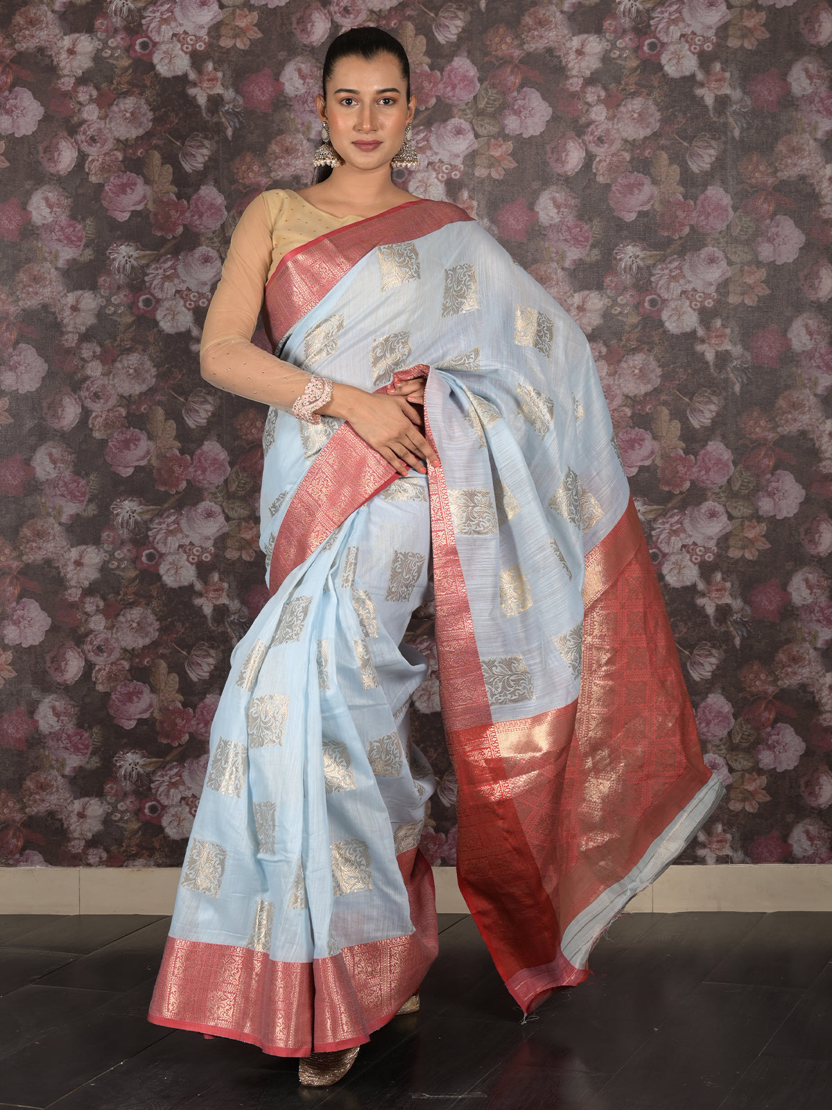 Odette Light Blue Woven Silk Blend Saree With Unstitched Blouse For Women