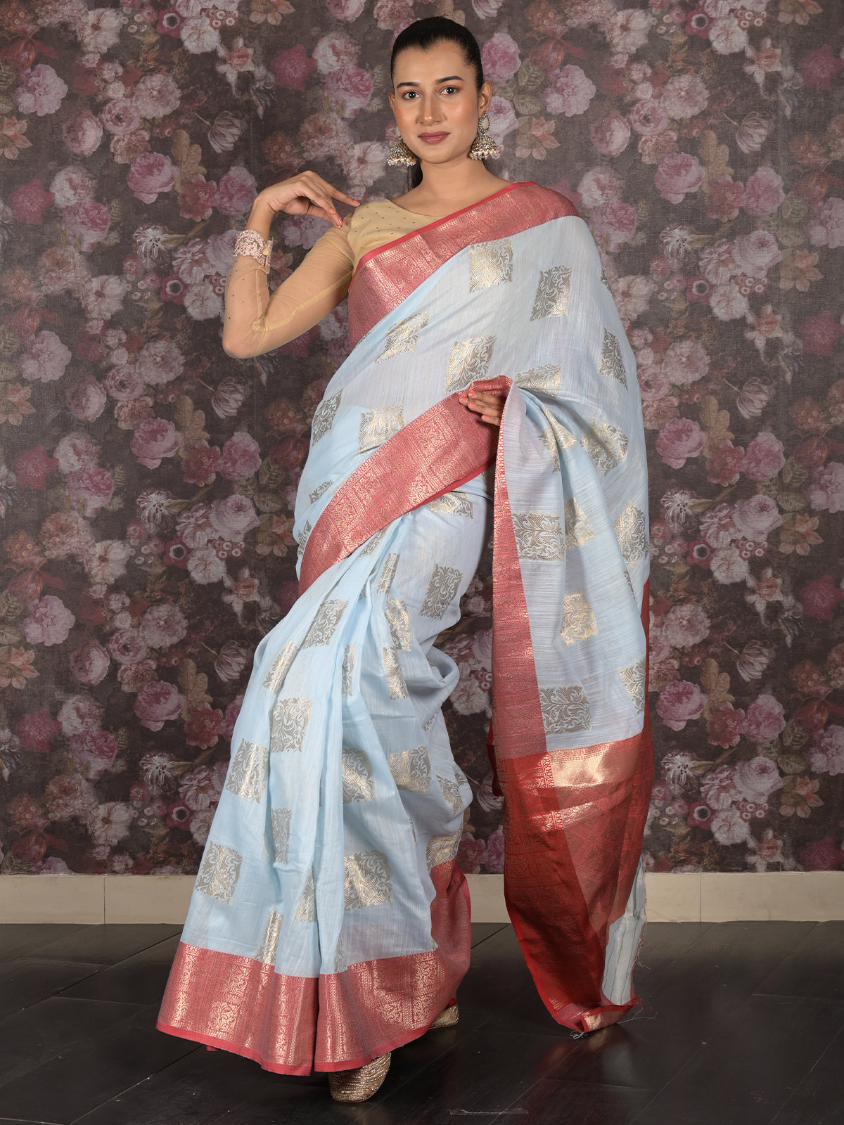 Odette Light Blue Woven Silk Blend Saree With Unstitched Blouse For Women