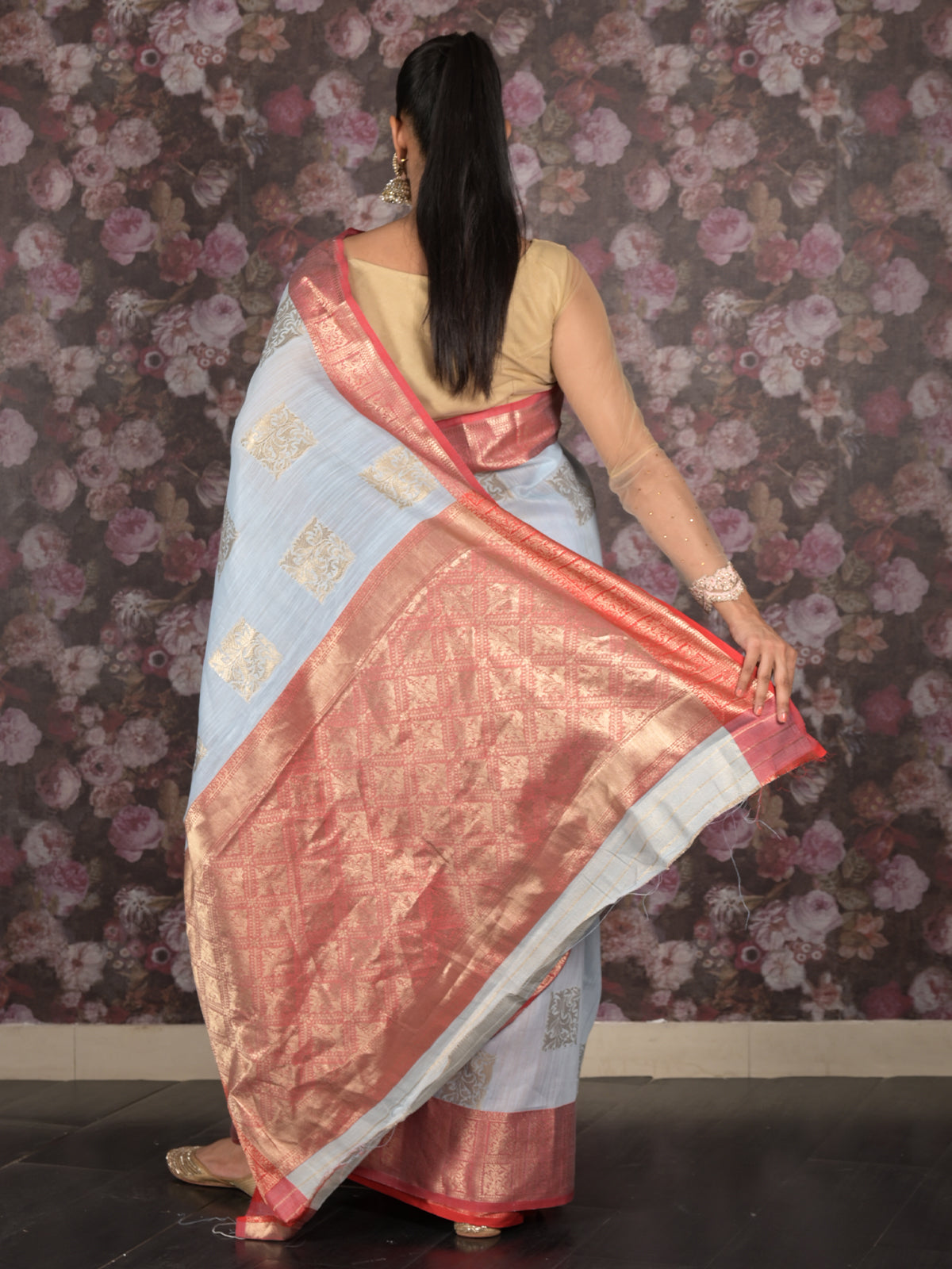 Odette Light Blue Woven Silk Blend Saree With Unstitched Blouse For Women