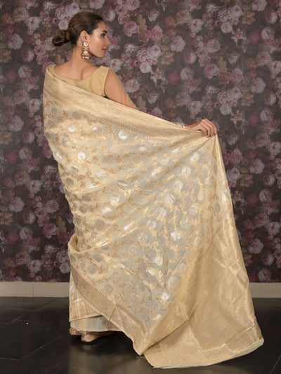 Odette Cream Cotton Blend Woven Saree with Unstitched Blouse for Women