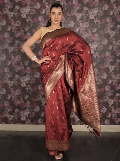 Odette Maroon Silk Blend Woven Saree with Unstitched Blouse for Women