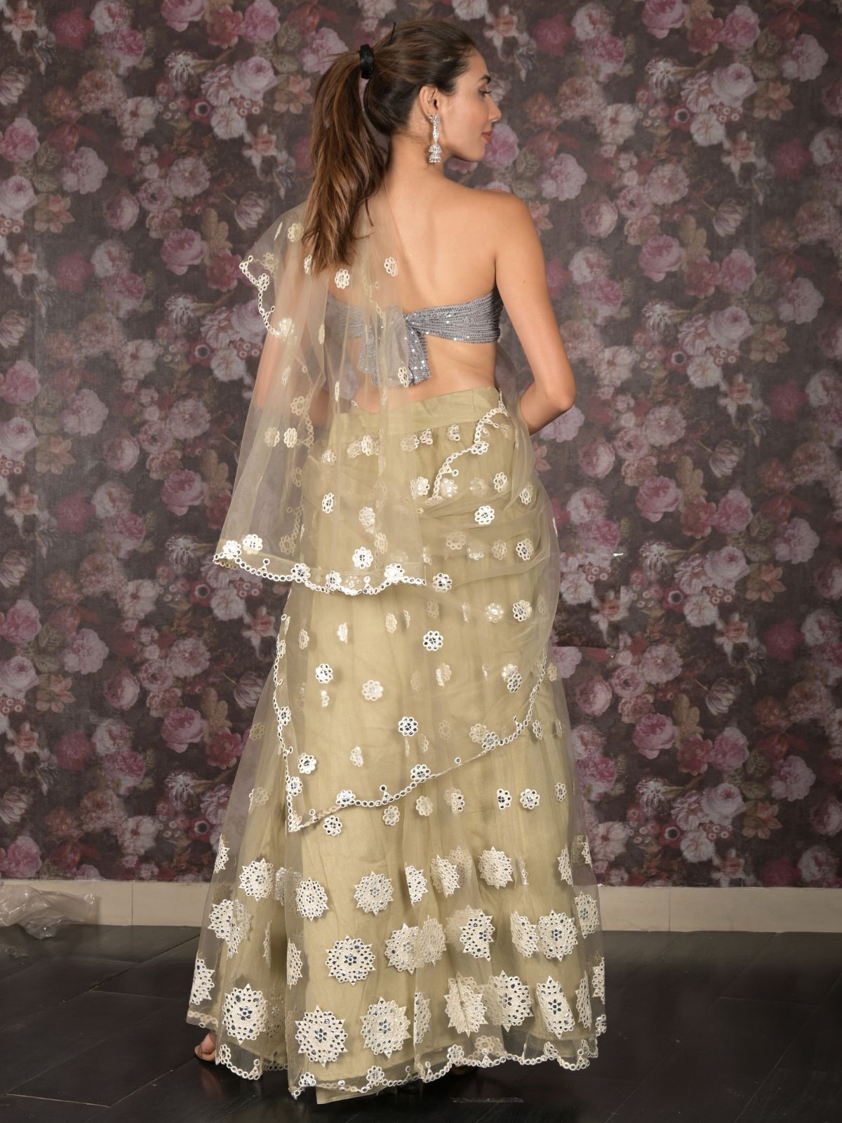 Odette Light Olive Foil Mirror Embroidered Net Semi-Stitched Lehenga with Unstitched Blouse for Women