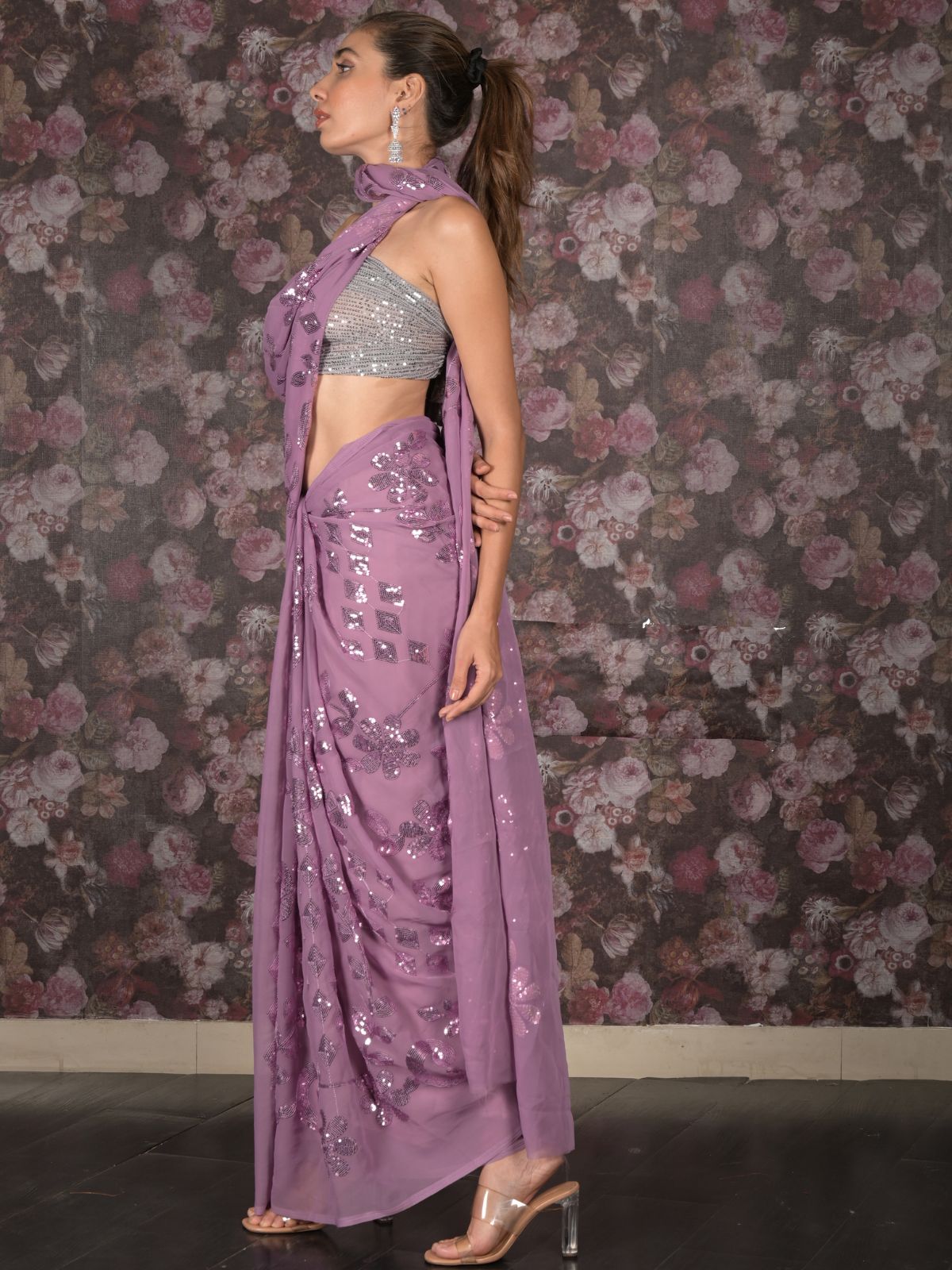 Odette Lilac Sequins Embroidered Georgette Saree for Women