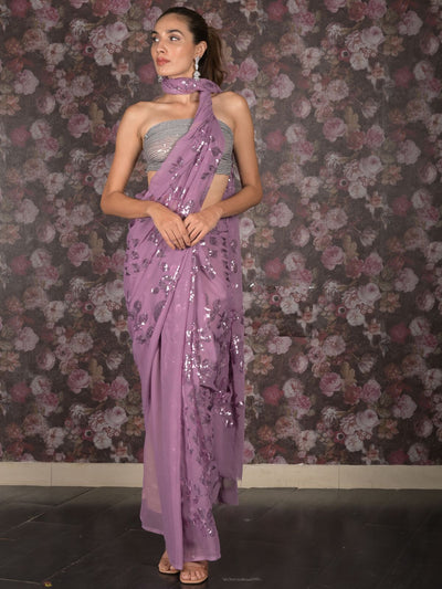 Odette Lilac Sequins Embroidered Georgette Saree for Women