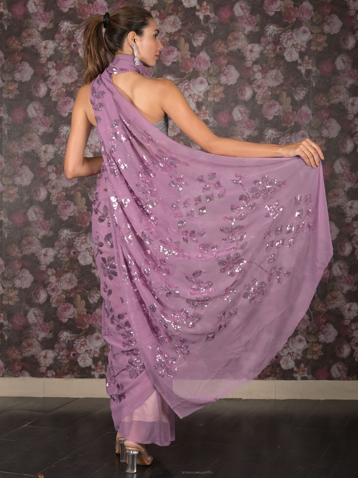 Odette Lilac Sequins Embroidered Georgette Saree for Women