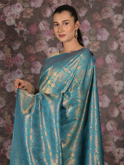 Odette Sea Green Cotton Blend Woven Saree with Unstitched Blouse for Women