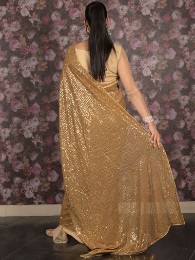 Odette Golden All- Sequins Saree With Unstitched Blouse For Women