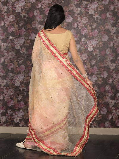 Odette Beige Gota and Sequins Embroidered Organza Saree with Unstitched Blouse for Women