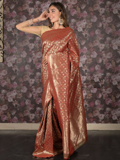 Odette Red Shaded Silk Blend Woven Saree with Unstitched Blouse for Women