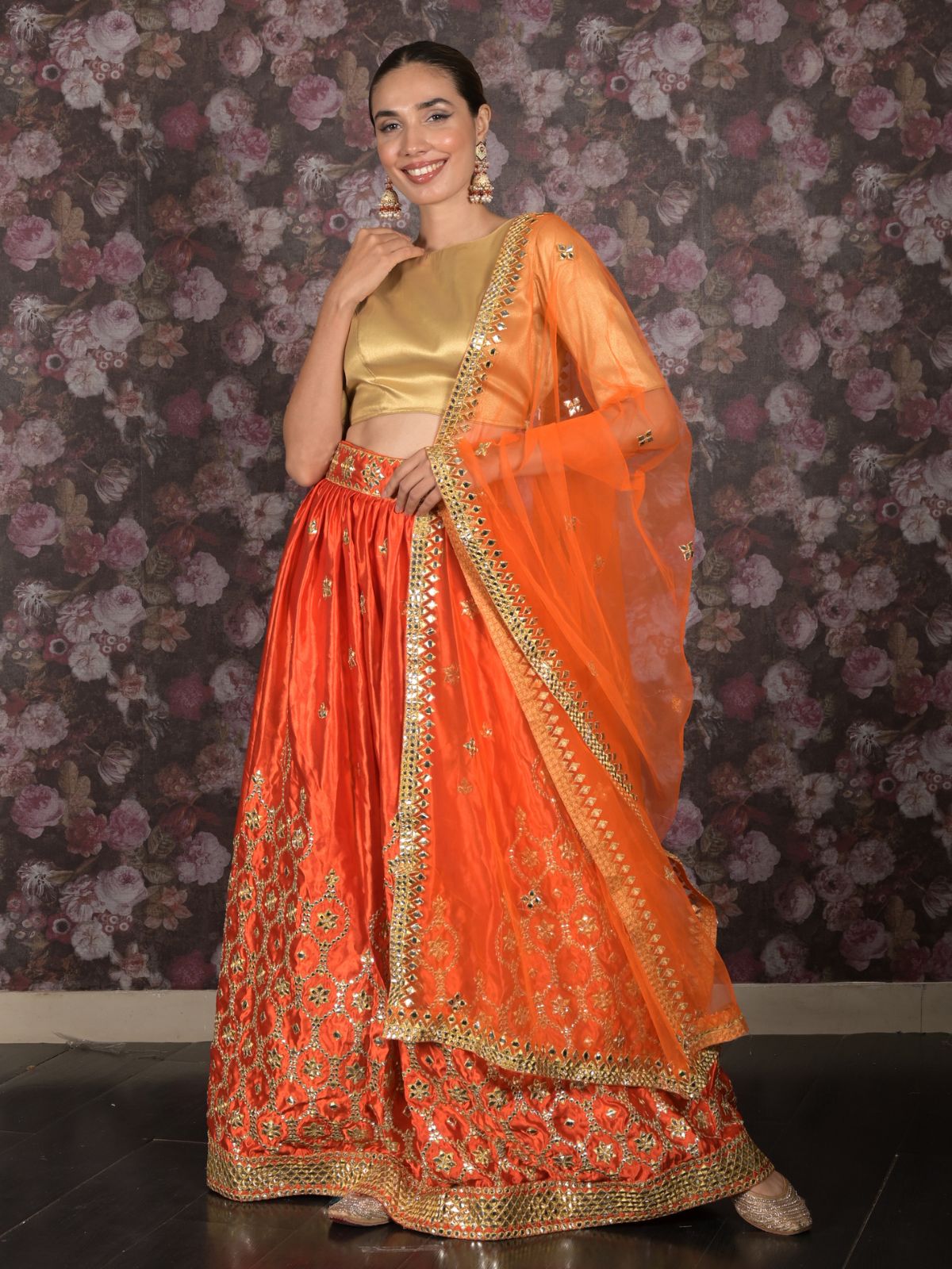 Odette Orange Satin Embroidered Semi Stitched Lehenga With Unstitched Blouse For Women