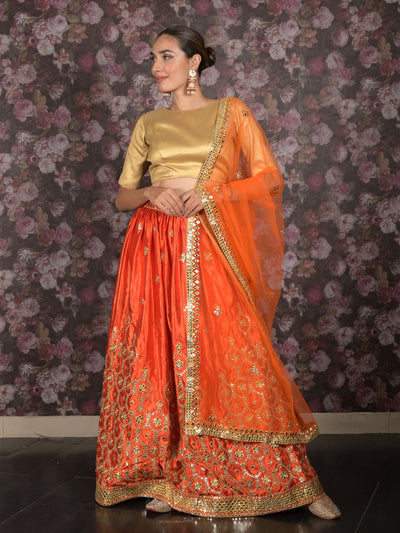 Odette Orange Satin Embroidered Semi Stitched Lehenga With Unstitched Blouse For Women