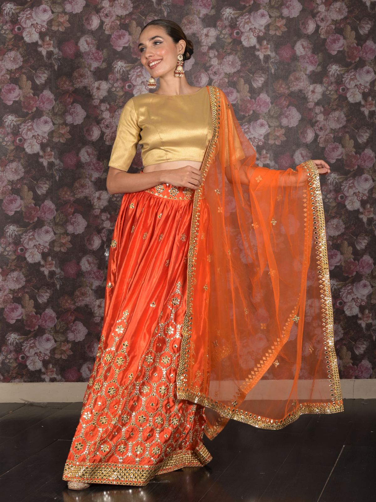 Odette Orange Satin Embroidered Semi Stitched Lehenga With Unstitched Blouse For Women